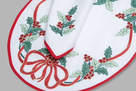 CHRISTMAS RIBBONS AND BUTCHER'S BROOM PLACEMAT SET OF 2